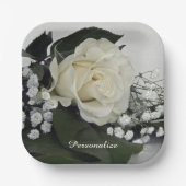 エレガントでロマンチックなホワイトローズをカスタマイズ ペーパープレート (正面)