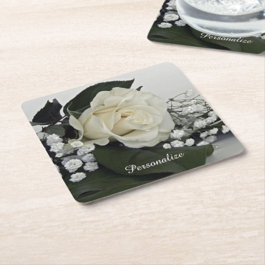エレガントでロマンチックなホワイトローズをパーソナライズ スクエアペーパーコースター (アングル)