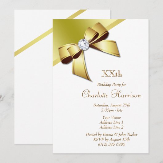 エレガントでロマンチックなホワイト＆ゴールドの誕生日パーティー 招待状 (正面/裏面)