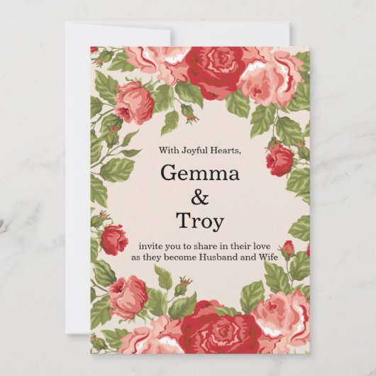 エレガントでロマンチック、赤いバラのウェディング 招待状 (正面)