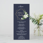 エレガントで上品なネイビージオメトリックウェディングメニュー プログラム (スタンド正面)