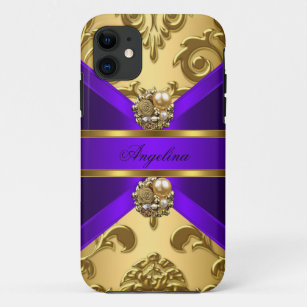 エレガントで上品な紫色の金ゴールドのダマスク織の宝石 iPhone 11 ケース