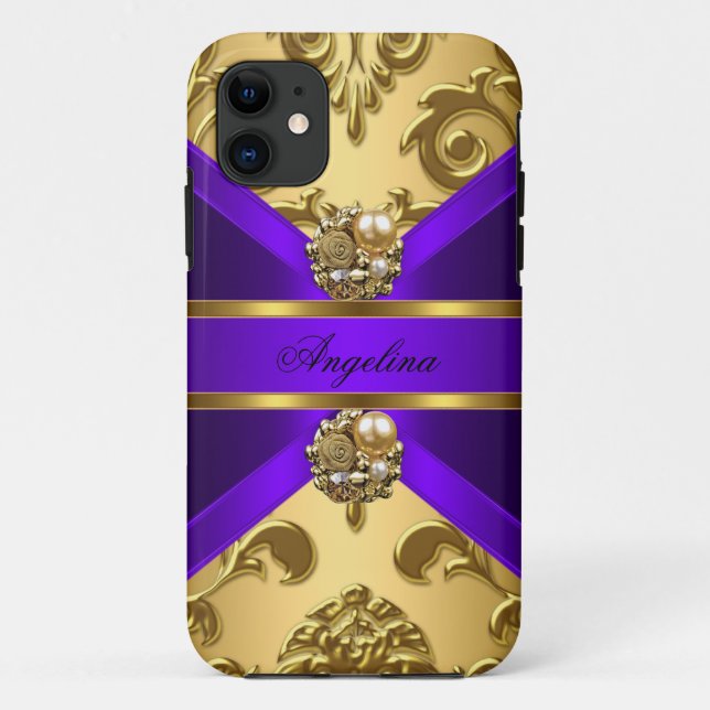 エレガントで上品な紫色の金ゴールドのダマスク織の宝石 Case-Mate iPhoneケース (裏面)