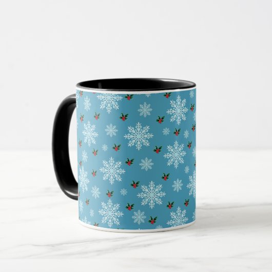 エレガントで可愛い雪の結晶のクリスマスパターン マグカップ (正面左)