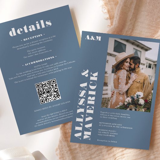 エレガントで大胆なシンプルな白とダスティーブルーの写真付き結婚式 招待状