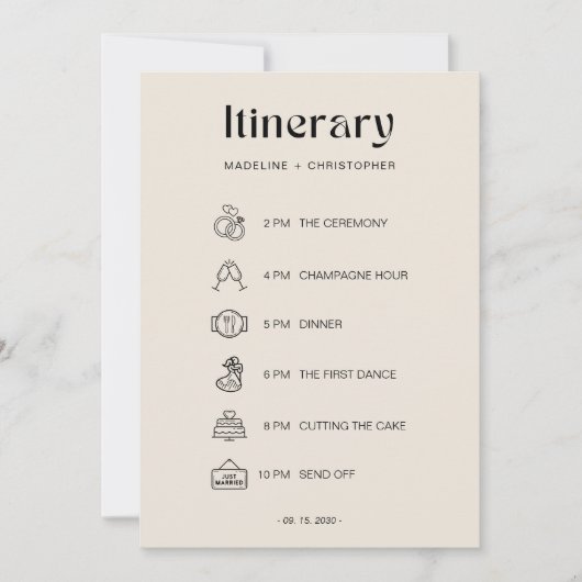 エレガントで大胆な花のウェディングタイムライン (正面)