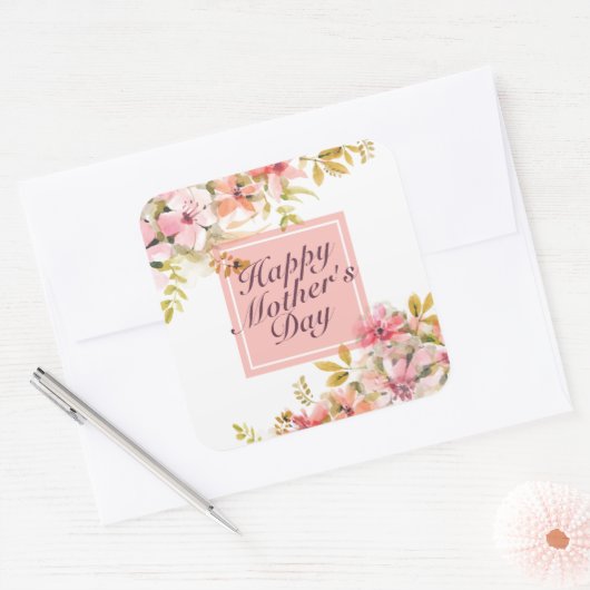 エレガントで幸せな母の日花フレームのステッカー スクエアシール (封筒)