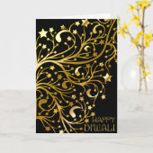 エレガントで幸せなDiwaliは光沢がある黒い金ゴールドを主演します カード (黄色い花)