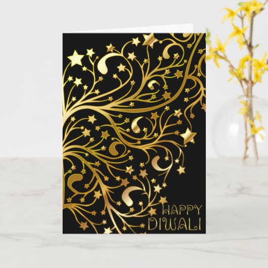 エレガントで幸せなDiwaliは光沢がある黒い金ゴールドを主演します カード (黄色い花)