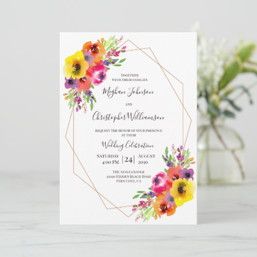 エレガントで幾何学的で明るい水彩画の花の結婚式 招待状 (スタンド正面)