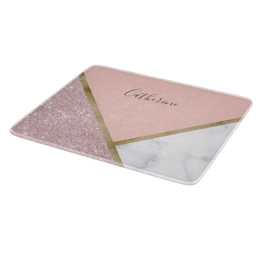 エレガントで幾何学的なばら色の金ゴールドのグリッターの白の大理石 カッティングボード (角)