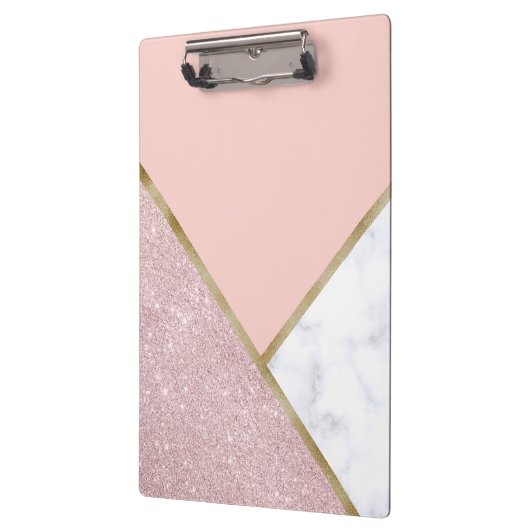 エレガントで幾何学的なばら色の金ゴールドのグリッターの白の大理石 クリップボード (左)