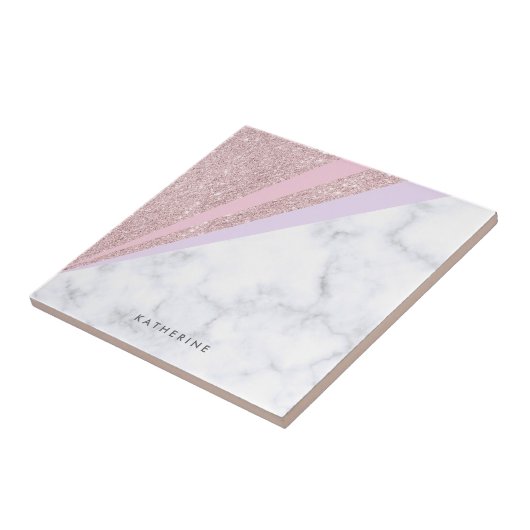 エレガントで幾何学的なばら色の金ゴールドのグリッターの白の大理石 タイル (側面)