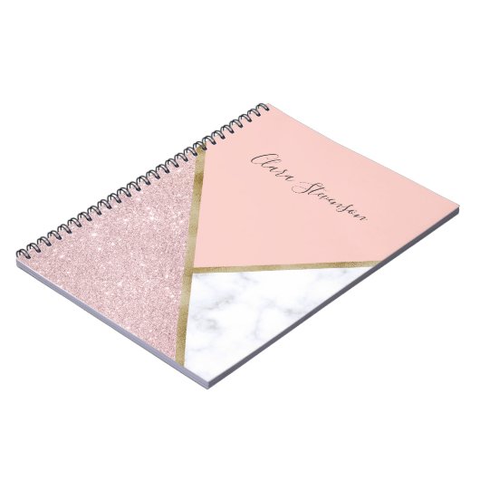 エレガントで幾何学的なばら色の金ゴールドのグリッターの白の大理石 ノートブック (左側)