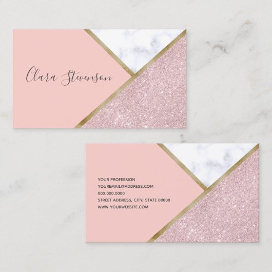 エレガントで幾何学的なばら色の金ゴールドのグリッターの白の大理石 名刺 (正面/裏面)