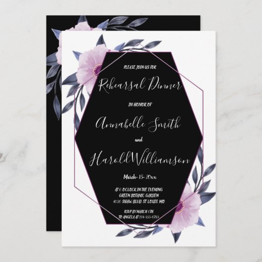 エレガントで幾何学的なフレームの紫色のリハーサルの夕食 招待状 (正面/裏面)