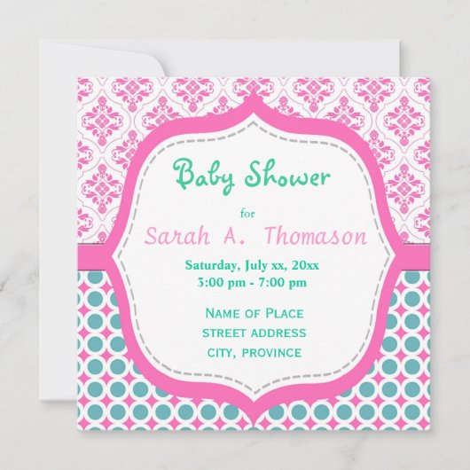 エレガントで愛らしいピンクとターコイズの花のベビーシャワー 招待状 (正面)