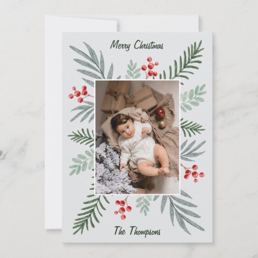 エレガントで植物学的な手描きのクリスマスの写真 シーズンカード (正面)
