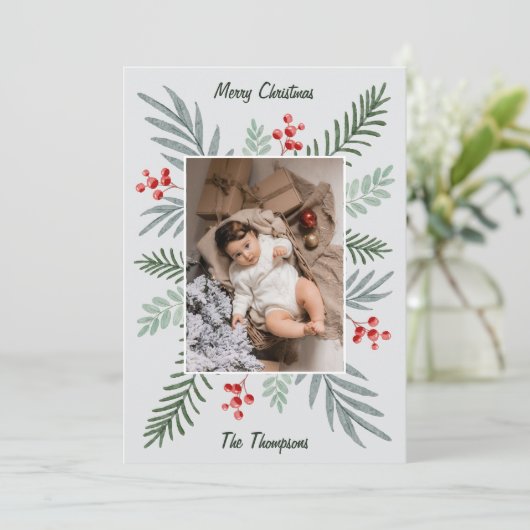 エレガントで植物学的な手描きのクリスマスの写真 シーズンカード (スタンド正面)