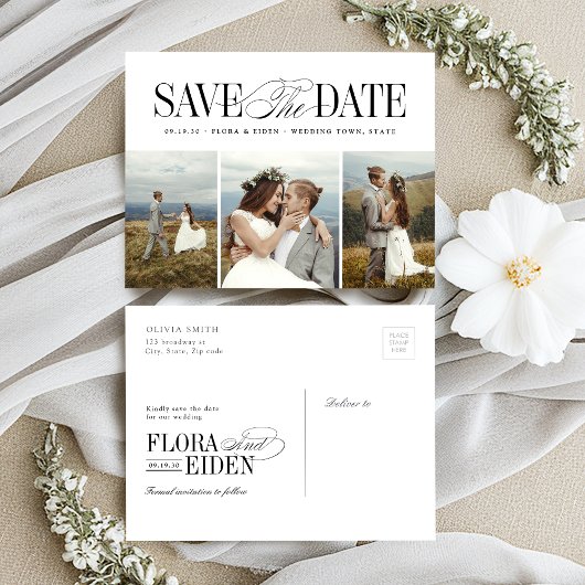 エレガントで永遠のタイポグラフィ 3枚の写真付きSave The Date ポストカード