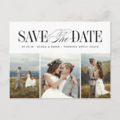 エレガントで永遠のタイポグラフィ 3枚の写真付きSave The Date ポストカード (正面)