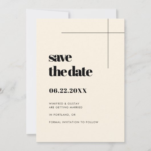 エレガントで洗練されたミニマルなデザインのクリーム色のSave the date セーブザデート (正面)