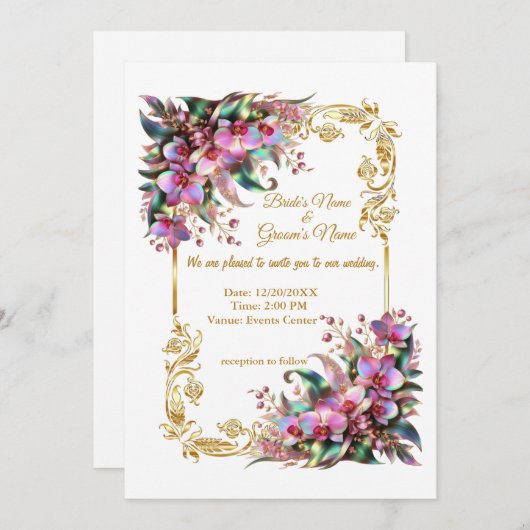 エレガントで活気のある蘭の花の結婚式 招待状 (正面/裏面)