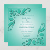 エレガントで涼しげなターコイズブルーの装飾的な花の結婚式 招待状 (正面/裏面)