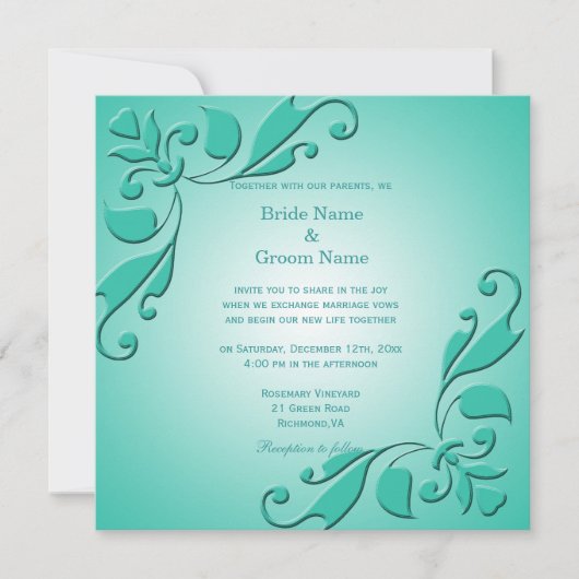 エレガントで涼しげなターコイズブルーの装飾的な花の結婚式 招待状 (正面)