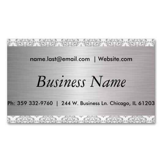 エレガントで白いおよびブラシの銀製の鋼鉄ダマスク織 マグネット名刺 (正面)