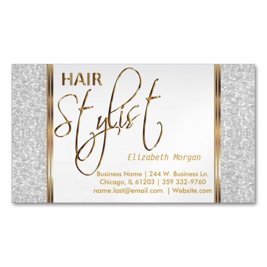 エレガントで白いグリッターおよび金の美容師 マグネット名刺 (正面)
