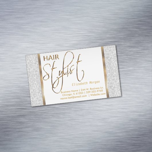 エレガントで白いグリッターおよび金の美容師 マグネット名刺 (インサイチュ)