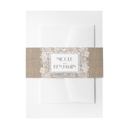 エレガントで白いレースおよびバーラップのヴィンテージの結婚 招待状ベリーバンド (正面例)