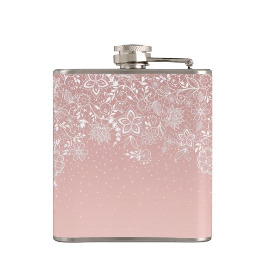エレガントで白いレースの花柄および紙吹雪のデザイン フラスク (裏面)