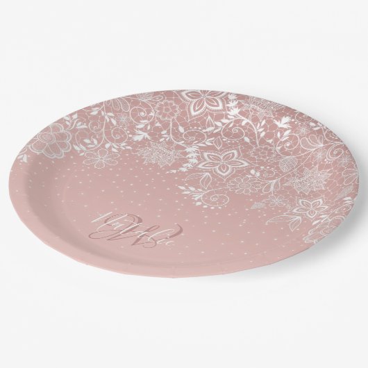 エレガントで白いレースの花柄および紙吹雪のデザイン ペーパープレート (アングル)