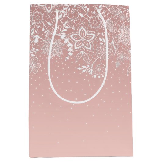 エレガントで白いレースの花柄および紙吹雪のデザイン ミディアムペーパーバッグ (正面)