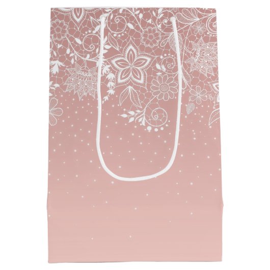 エレガントで白いレースの花柄および紙吹雪のデザイン ミディアムペーパーバッグ (裏面)