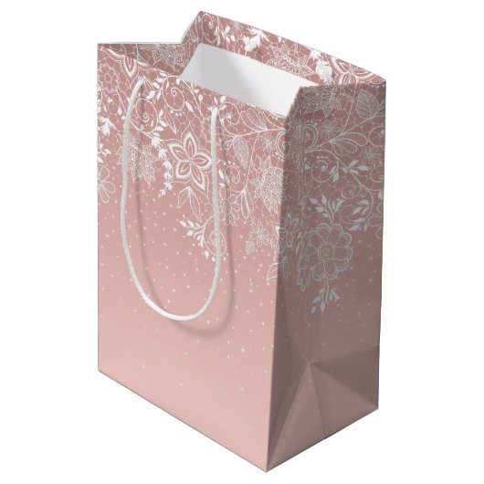 エレガントで白いレースの花柄および紙吹雪のデザイン ミディアムペーパーバッグ (裏面アングル)