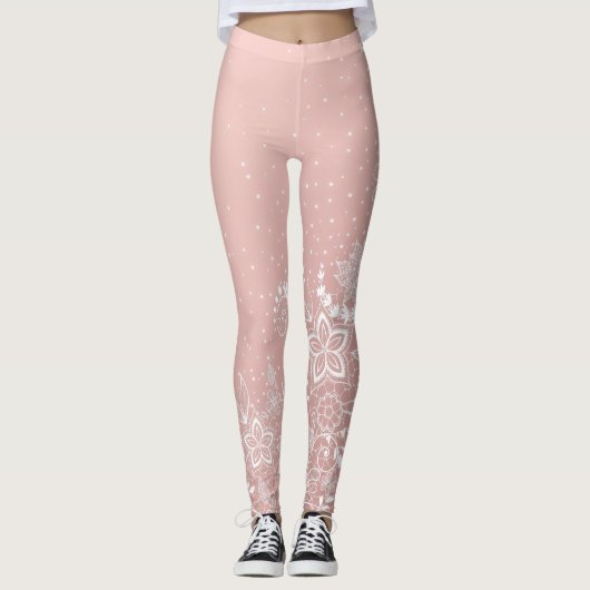エレガントで白いレースの花柄および紙吹雪のデザイン レギンス (正面)