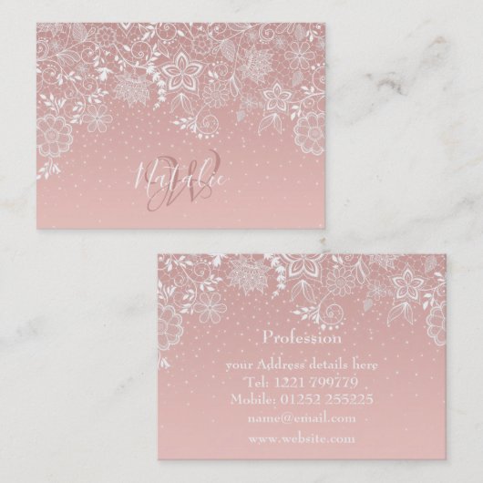 エレガントで白いレースの花柄および紙吹雪のデザイン 名刺 (正面/裏面)