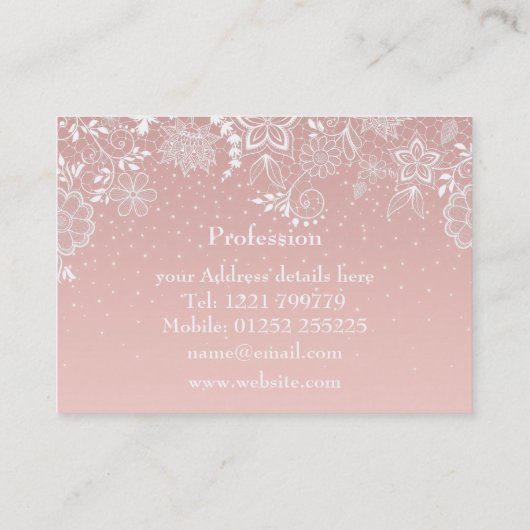 エレガントで白いレースの花柄および紙吹雪のデザイン 名刺 (裏面)