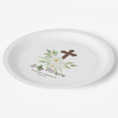 エレガントで白い及び緑の最初に花柄の聖餐式 ペーパープレート (アングル)