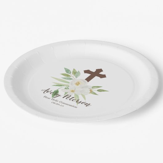 エレガントで白い及び緑の最初に花柄の聖餐式 ペーパープレート (アングル)