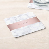 エレガントで白い大理石のばら色の金ゴールドのフェイクなストリップ スクエアペーパーコースター (アングル)