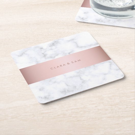 エレガントで白い大理石のばら色の金ゴールドのフェイクなストリップ スクエアペーパーコースター (アングル)