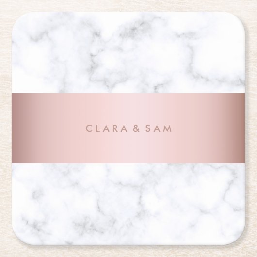エレガントで白い大理石のばら色の金ゴールドのフェイクなストリップ スクエアペーパーコースター (正面)