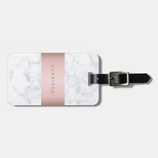 エレガントで白い大理石のばら色の金ゴールドのフェイクなストリップ ラゲッジタグ (正面横)