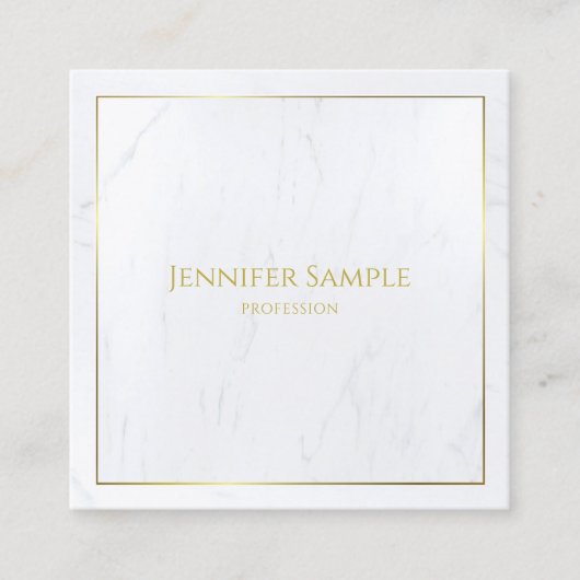 エレガントで白い大理石の金ゴールドの文字の贅沢なテンプレート スクエア名刺 (正面)