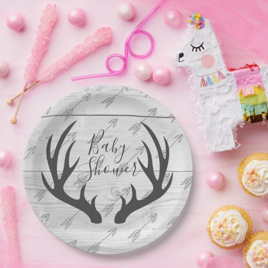 エレガントで素朴な灰色の(雄ジカの)枝角及び白い木 ペーパープレート (パーティー)