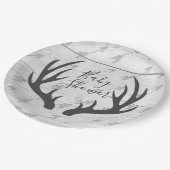 エレガントで素朴な灰色の(雄ジカの)枝角及び白い木 ペーパープレート (アングル)